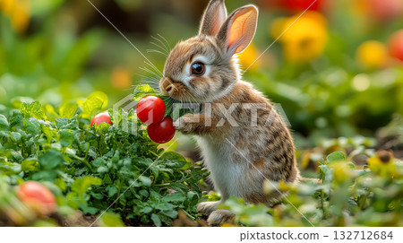 Baby rabbit is eating a tomato in a garden Baby rabbit is eating a tomato in a garden 132712684