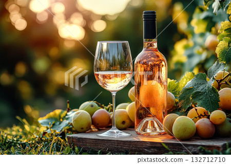 Bottle of wine and a wine glass are on a wooden table with a bunch of fruit 132712710