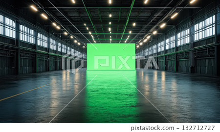 Large empty warehouse with a green wall and a green square in the middle 132712727