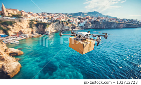 Drone is flying over a body of water with a box attached to it Drone is flying over a body of water with a box attached to it 132712728