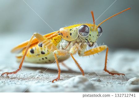 Bug with orange legs and a yellow head is standing on a white surface 132712741