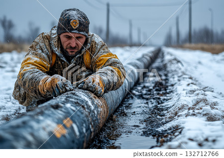 Man in a yellow jacket is working on a pipe in the snow 132712766