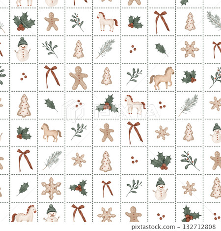 Seamless Christmas mosaic pattern with stylized icons symbol new year 2026, horses, pine branches, fir tree, bow, holly, red berries, cookie gingerbread, snowman and poinsettia for festive designs Seamless Christmas mosaic pattern with stylized icons symbol new year 2026, horses, pine branches, fir tree, bow, holly, red berries, cookie gingerbread, snowman and poinsettia for festive designs 132712808