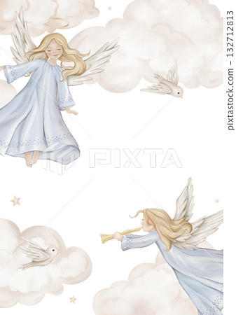 Vertical Banner watercolor illustration with angel with light hair and nimbus. Postcard for Christmas or Christian Nativity for religious baptism. Hand drawn illustration clouds and birds, stars Vertical Banner watercolor illustration with angel with light hair and nimbus. Postcard for Christmas or Christian Nativity for religious baptism. Hand drawn illustration clouds and birds, stars 132712813