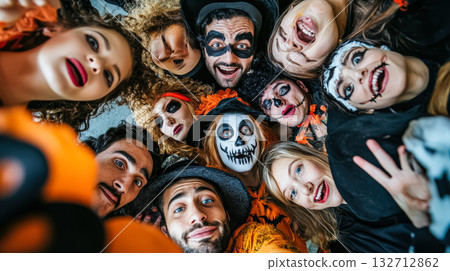 Group of people are posing for a picture with Halloween costumes on 132712862