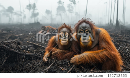Two baby orangutans are sitting on the ground in a forest 132712863