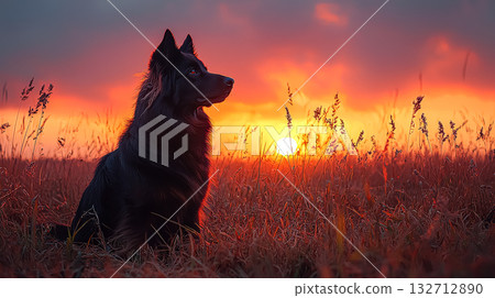 Black dog is sitting in a field of tall grass, looking at the sun as it sets Black dog is sitting in a field of tall grass, looking at the sun as it sets 132712890