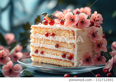 Slice of cake with a bird on top and pink flowers surrounding it 132712891