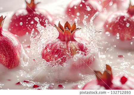 Close up of a red fruit with a crown on top, surrounded by water Close up of a red fruit with a crown on top, surrounded by water 132712893