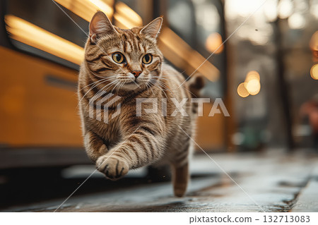 Cat is running on the street and is in front of a yellow bus Cat is running on the street and is in front of a yellow bus 132713083