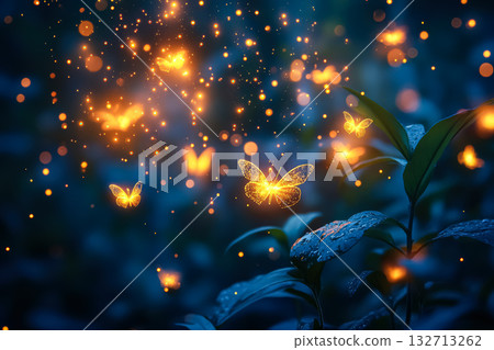 Group of butterflies are flying in the air, surrounded by a blue sky 132713262