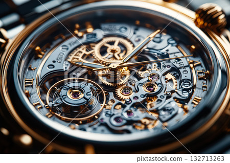 Close up of a watch with a gold band and a silver face 132713263