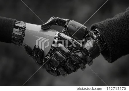 Robotic hand and human hand shaking in a symbolic gesture of partnership and collaboration 132713270