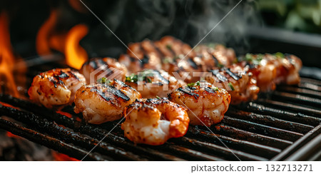 Grill with shrimp on it and smoke coming out of it 132713271