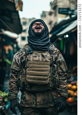Man in a military uniform stands in a market with a backpack on 132713272