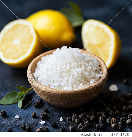 Bowl of salt is on a table with a lemon and some pepper 132713278