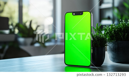 Smartphone mock up with green screen displayed on wooden table beside potted plant in bright room 132713293