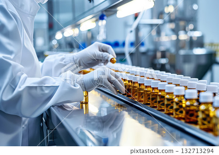 Person in a white lab coat is working with a bottle of medicine 132713294