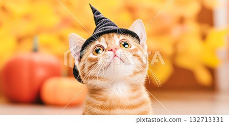 Cat wearing a black hat is looking at the camera 132713331
