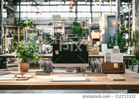 Modern workspace with computer, stationery, and greenery in a bright, open office environment 132713332