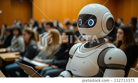 Robot assistant engaging with audience in a modern classroom setting during a technology presentation 132713375