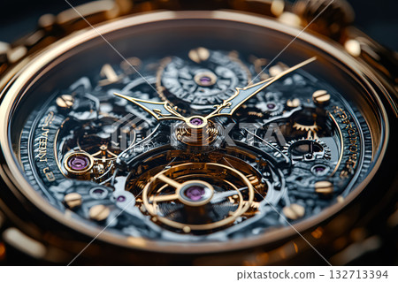 Close up of a watch with a gold band and a black face 132713394