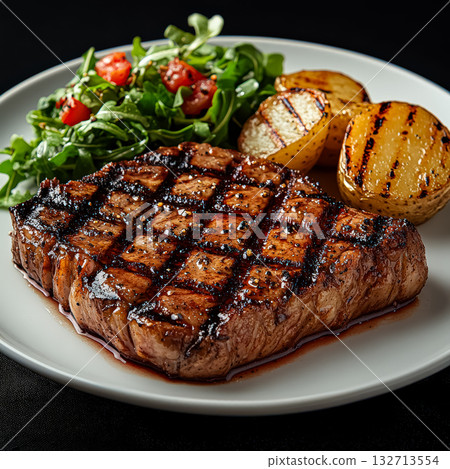 Steak is on a plate with a side of potatoes and a salad 132713554