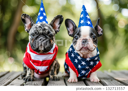 Two small white dogs are wearing patriotic clothing 132713557