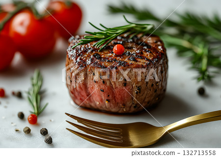 Piece of meat with a red pepper on top of it 132713558