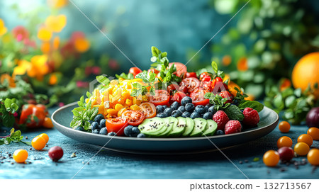 Colorful salad with a variety of fruits and vegetables on a blue plate Colorful salad with a variety of fruits and vegetables on a blue plate 132713567
