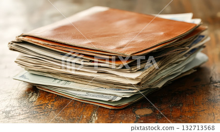 Stack of papers on a table, including a brown leather wallet 132713568