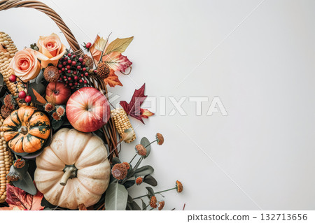 Basket of fall fruits and vegetables including apples, pumpkins, and squash Basket of fall fruits and vegetables including apples, pumpkins, and squash 132713656