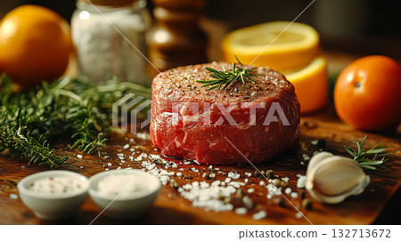 Piece of meat is on a wooden cutting board with a variety of spices 132713672