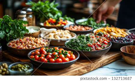 Table full of food with a variety of dishes including salads, vegetables Table full of food with a variety of dishes including salads, vegetables 132713687