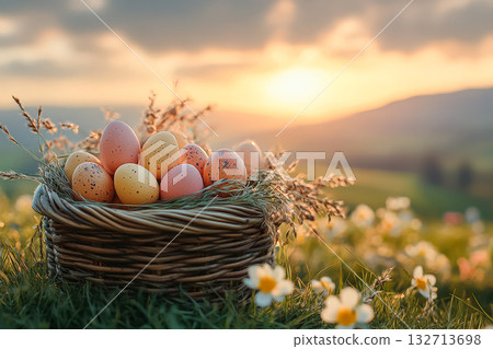 The basket is filled with a variety of eggs, including some that are yellow The basket is filled with a variety of eggs, including some that are yellow 132713698