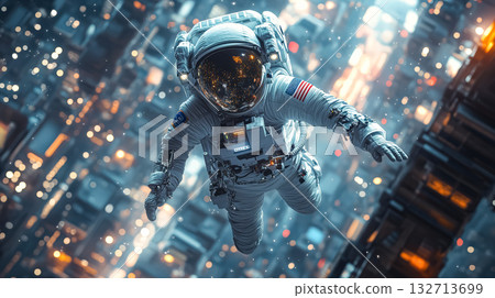Man in a spacesuit is flying through the sky Man in a spacesuit is flying through the sky 132713699