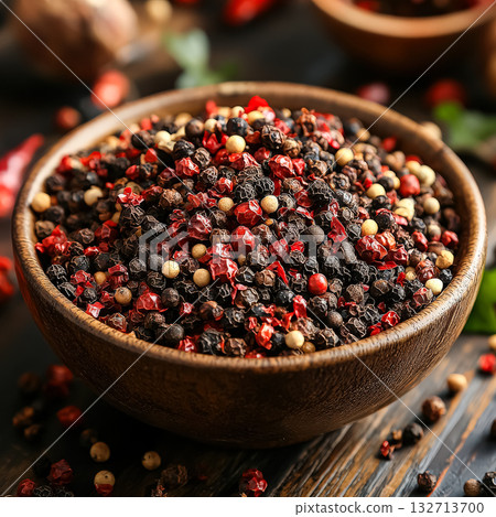Bowl of red, black, and white pepper flakes Bowl of red, black, and white pepper flakes 132713700