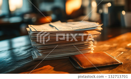 Stack of papers on a table with a brown leather wallet on top 132713701
