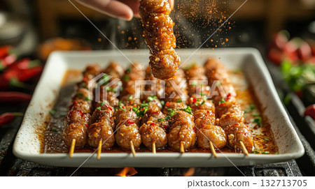 Person is cooking food on skewers, with a white plate in front of them 132713705