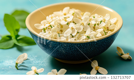 Bowl of white flowers sits on a blue surface Bowl of white flowers sits on a blue surface 132713707