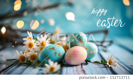 Blue, pink, and yellow Easter egg is surrounded by flowers on a wooden table 132713711