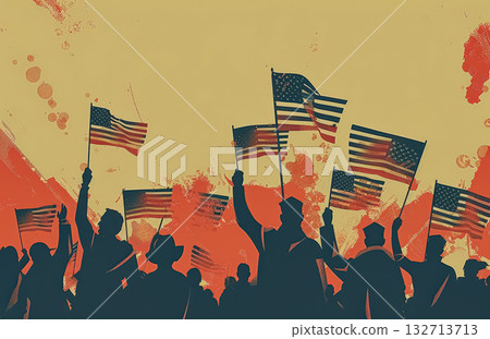 Crowd of people are holding up American flags. 132713713