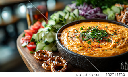 Bowl of dip is on a wooden table with a tray of pretzels 132713730