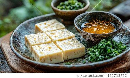 Plate of food with a bowl of sauce and a bowl of greens 132713732