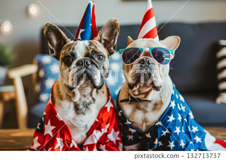 Two dogs wearing sunglasses and hats with American flags on them 132713737