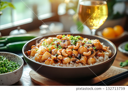 Bowl of food with rice and meat, and a glass of wine 132713739