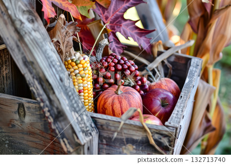 Wooden crate filled with fall fruits and vegetables, including apples Wooden crate filled with fall fruits and vegetables, including apples 132713740