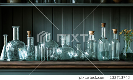 Row of glass vases and bottles are lined up on a wooden shelf Row of glass vases and bottles are lined up on a wooden shelf 132713743