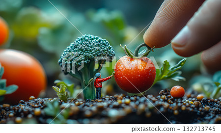 Person is holding a tomato in a garden Person is holding a tomato in a garden 132713745