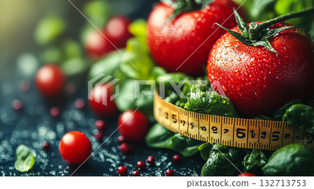 Ruler is placed on top of a plate of tomatoes and greens Ruler is placed on top of a plate of tomatoes and greens 132713753